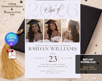 Può includere: Un modello di invito di laurea con un tocco nero e un nappa dorata. L'invito presenta un collage fotografico di un laureato, il testo "Class of 2026" e i dettagli dell'evento. Il modello è di 12,7 x 17,8 cm ed è facile da modificare e stampare.