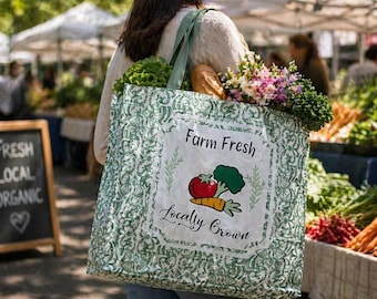 Bolsa de tela Farm Fresh, bolsa reutilizable para el mercado de comestibles, productos ecológicos