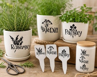 Pegatinas de vinilo personalizadas para jardín de hierbas / Etiquetas para plantas de romero, eneldo y perejil (resistentes al agua)