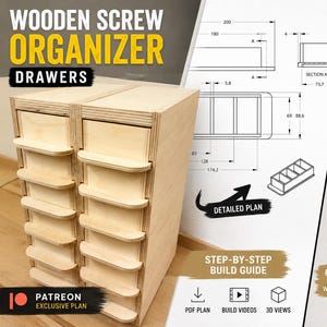 Puede incluir: Un organizador de tornillos de madera contrachapada clara con dos columnas de cajones y tiradores redondeados. La imagen incluye diagramas técnicos, medidas en milímetros y etiquetas de texto como WOODEN SCREW ORGANIZER DRAWERS y DETAILED PLAN.