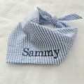 Custom Name Embroidered Blue Seersucker Dog Bandana