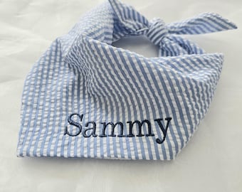 Custom Name Embroidered Blue Seersucker Dog Bandana