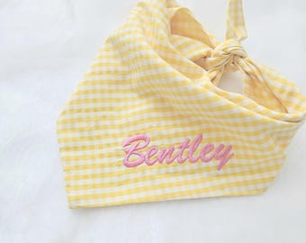 Personalized Yellow Gingham Dog Bandana with Custom Name Embroidery, Checkered Pet Scarf for Summer, Custom Dog Gift, Embroidered Bandana