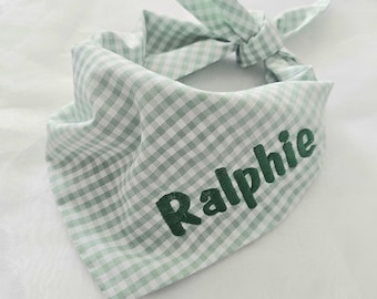 Custom Name Embroidered Sage Gingham Dog Bandana