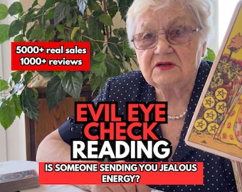 May include: A person wearing a black and white polka dot shirt holds a tarot card featuring a yellow robe and gold coins. Text overlays read 5000+ real sales, 1000+ reviews, EVIL EYE CHECK READING, and IS SOMEONE SENDING YOU JEALOUS ENERGY?