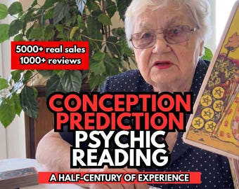 May include: An older person with white hair and glasses holds a tarot card featuring a nine of pentacles illustration. Text overlays read 5000+ real sales, 1000+ reviews, CONCEPTION PREDICTION PSYCHIC READING, and A HALF-CENTURY OF EXPERIENCE.