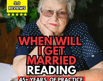 May include: An older person with short white hair and glasses wearing a navy blue polka dot shirt. The text reads: 5.0 REVIEWS, WHEN WILL I GET MARRIED READING, 45+ YEARS OF PRACTICE. Tarot cards and a cup of coffee are visible on the table.