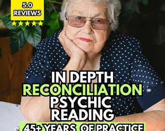 May include: An elderly person with short white hair and glasses wearing a navy blue polka dot shirt. Text reads: 5.0 REVIEWS, IN DEPTH RECONCILIATION PSYCHIC READING, 45+ YEARS OF PRACTICE. A cup of coffee and tarot cards are visible on the table.