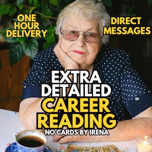 Puede incluir: Una imagen de una anciana con gafas y una camisa azul marino con lunares. El texto incluye "Entrega en una hora", "Mensajes directos", "Lectura de carrera extra detallada" y "Sin cartas de Irena". Una taza de café y cartas del tarot están sobre la mesa.