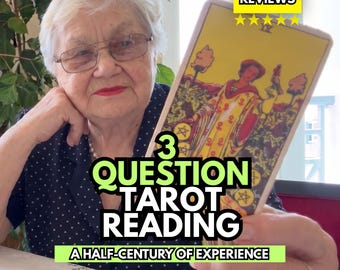 May include: A tarot card featuring the Nine of Pentacles illustration held in front of a person. Text overlays read 5.0 REVIEWS, 3 QUESTION TAROT READING, and A HALF-CENTURY OF EXPERIENCE. The card depicts a figure in a yellow robe with coins.