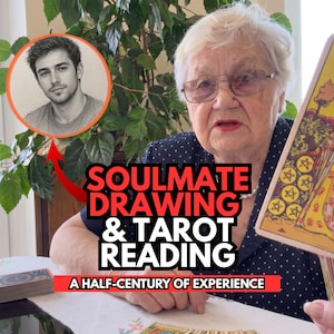 Op de afbeelding: Een digitale afbeelding met een portret van een man in een cirkelvormig kader, een tarotkaart met de Negen van Pentakels, en vette tekst met SOULMATE DRAWING & TAROT READING en A HALF-CENTURY OF EXPERIENCE, met een rode pijl naar het portret.