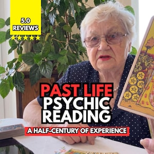May include: A person wearing a black shirt with white polka dots holds a tarot card featuring a figure in a yellow robe. Text on the image reads 5.0 REVIEWS, PAST LIFE PSYCHIC READING, and A HALF-CENTURY OF EXPERIENCE. A deck of cards sits nearby.