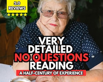 May include: An elderly person with short white hair and glasses wearing a navy blue shirt with white polka dots. Text overlays read 5.0 REVIEWS, VERY DETAILED NO QUESTIONS READING, and A HALF-CENTURY OF EXPERIENCE. A cup of coffee and tarot cards are visible.