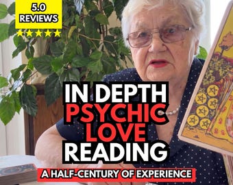 May include: An elderly person with white hair and glasses wearing a dark blue polka dot shirt. Text overlay reads: 5.0 REVIEWS, IN DEPTH PSYCHIC LOVE READING, A HALF-CENTURY OF EXPERIENCE. A tarot card showing nine gold coins is held in the foreground.