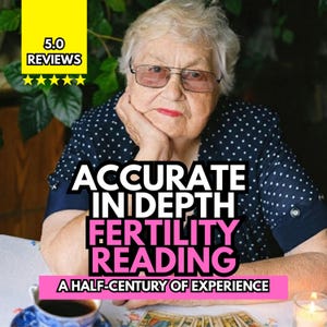 May include: An older person with short white hair and glasses wearing a navy blue shirt with white polka dots. Text overlays read 5.0 REVIEWS, ACCURATE IN DEPTH FERTILITY READING, and A HALF-CENTURY OF EXPERIENCE. A cup of coffee and tarot cards are visible.