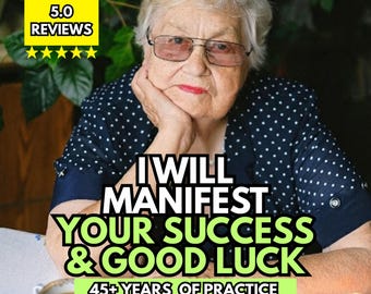 May include: An elderly person with short white hair and glasses wears a navy blue shirt with white polka dots. Text reads: 5.0 REVIEWS, I WILL MANIFEST YOUR SUCCESS & GOOD LUCK, 45+ YEARS OF PRACTICE. A cup of dark liquid and tarot cards are on the table.