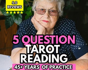 May include: An elderly person with short white hair and glasses wears a navy blue shirt with white polka dots. Text overlays read 5.0 REVIEWS, 5 QUESTION TAROT READING, and 45+ YEARS OF PRACTICE. A cup of dark coffee and tarot cards are visible.