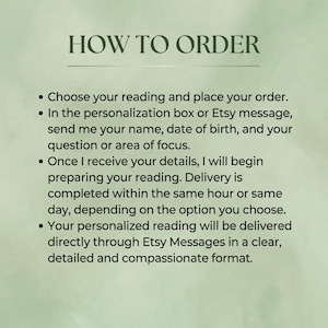 Puede incluir: Un gr&aacute;fico informativo de color verde claro con texto en verde oscuro titulado HOW TO ORDER. Enumera cuatro pasos: elegir una lectura, proporcionar nombre y fecha de nacimiento en el cuadro de personalizaci&oacute;n, esperar la preparaci&oacute;n y recibir.