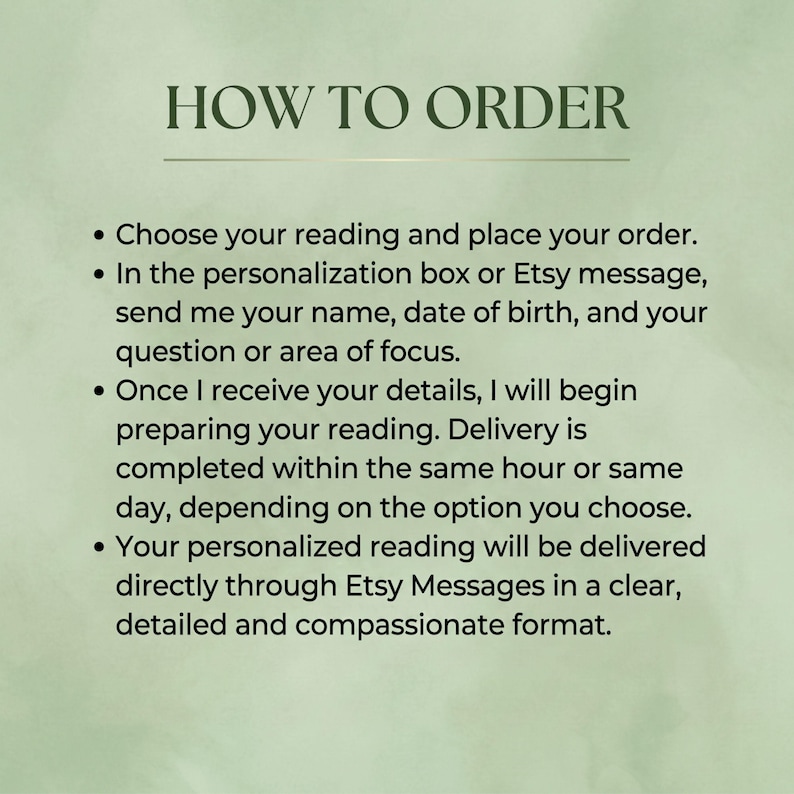 Puede incluir: Un gr&aacute;fico informativo de color verde claro con texto en verde oscuro titulado HOW TO ORDER. Enumera cuatro pasos: elegir una lectura, proporcionar nombre y fecha de nacimiento en el cuadro de personalizaci&oacute;n, esperar la preparaci&oacute;n y recibir.