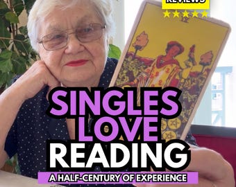 May include: A tarot card featuring the Nine of Pentacles illustration held in a hand, with text overlays reading 5.0 REVIEWS, SINGLES LOVE READING, and A HALF-CENTURY OF EXPERIENCE, set against a yellow background with a figure.