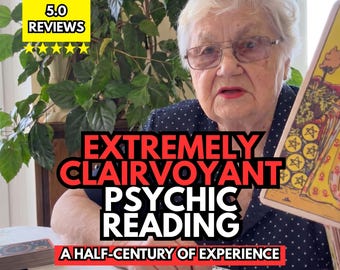 May include: A person wearing a dark blue shirt with white polka dots holds a tarot card featuring a figure in a yellow robe. Text overlays read 5.0 REVIEWS, EXTREMELY CLAIRVOYANT PSYCHIC READING, and A HALF-CENTURY OF EXPERIENCE.