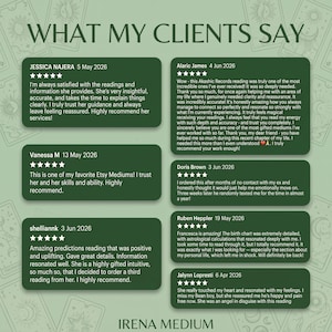 Puede incluir: Un gr&aacute;fico de color verde claro titulado WHAT MY CLIENTS SAY que presenta seis cajas rectangulares de color verde oscuro con rese&ntilde;as de clientes de cinco estrellas, nombres y fechas. La parte inferior muestra el texto IRENA MEDIUM en verde oscuro.