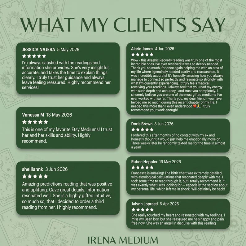 Puede incluir: Un gr&aacute;fico de color verde claro titulado WHAT MY CLIENTS SAY que presenta seis cajas rectangulares de color verde oscuro con rese&ntilde;as de clientes de cinco estrellas, nombres y fechas. La parte inferior muestra el texto IRENA MEDIUM en verde oscuro.
