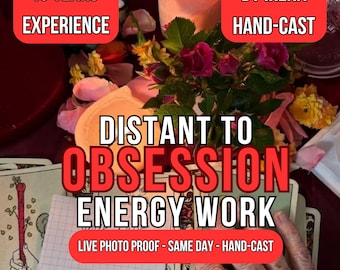May include: A collection of tarot cards featuring a staff illustration, a small grid-lined paper, and a bouquet of pink and yellow roses. Text overlays read 45 YEARS EXPERIENCE, BY IRENA HAND-CAST, DISTANT TO OBSESSION ENERGY WORK, and LIVE PHOTO PROOF - SAME DAY - HAND-CAST.