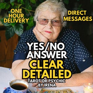 Puede incluir: Una mujer mayor con gafas y una camisa de lunares es el foco principal. Las superposiciones de texto dicen "YES/NO ANSWER CLEAR DETAILED" y "TAROT OR PSYCHIC BY IRENA". El texto adicional incluye "ONE HOUR DELIVERY" y "DIRECT MESSAGES."