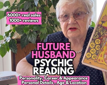 May include: An elderly person with white hair and glasses wearing a navy blue polka dot shirt. Text overlays read: 6000+ real sales 1000+ reviews, FUTURE HUSBAND PSYCHIC READING, and Personality, Career & Appearance Personal Details, Age & Location.