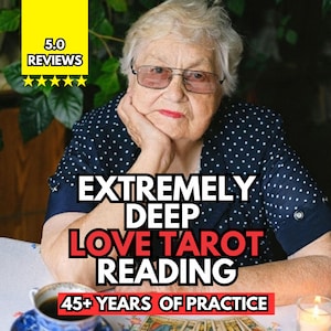 May include: An elderly person with short white hair and glasses wearing a navy blue polka dot shirt. Text overlays read 5.0 REVIEWS, EXTREMELY DEEP LOVE TAROT READING, and 45+ YEARS OF PRACTICE. A cup of coffee and tarot cards are visible on the table.