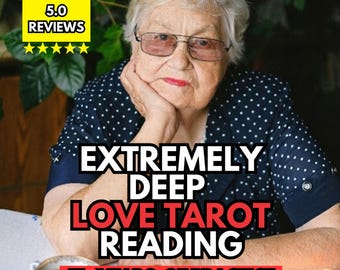 May include: An elderly person with short white hair and glasses wearing a navy blue polka dot shirt. Text overlays read 5.0 REVIEWS, EXTREMELY DEEP LOVE TAROT READING, and 45+ YEARS OF PRACTICE. A cup of coffee and tarot cards are visible on the table.