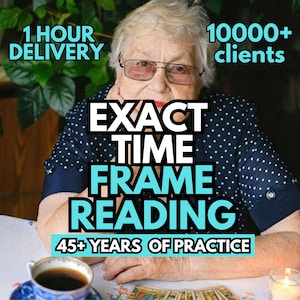 Pode incluir: Uma mulher idosa com óculos é o ponto focal desta imagem. O texto sobreposto diz "EXACT TIME FRAME READING" e "45+ YEARS OF PRACTICE." O texto adicional diz "1 HOUR DELIVERY" e "10000+ clients."