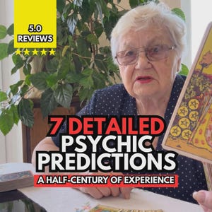 May include: A person holding a tarot card featuring the Nine of Pentacles, with text overlay reading 5.0 REVIEWS, 7 DETAILED PSYCHIC PREDICTIONS, and A HALF-CENTURY OF EXPERIENCE. The person wears a dark blue shirt with white polka dots and glasses.