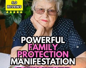 May include: An older person with short white hair and glasses wearing a navy blue shirt with white polka dots. Text overlay reads: 5.0 REVIEWS, POWERFUL FAMILY PROTECTION MANIFESTATION, 45+ YEARS OF PRACTICE. A cup of coffee and tarot cards are visible.