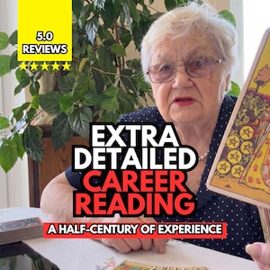 May include: A person with white hair and glasses holds a tarot card featuring a nine of pentacles design. Text overlays read 5.0 REVIEWS, EXTRA DETAILED CAREER READING, and A HALF-CENTURY OF EXPERIENCE. A deck of tarot cards sits on the table nearby.