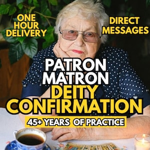 May include: An image featuring an elderly woman with glasses, with text overlaying the image. The text includes "ONE HOUR DELIVERY", "DIRECT MESSAGES", "PATRON MATRON DEITY CONFIRMATION", and "45+ YEARS OF PRACTICE". A cup of coffee and tarot cards are on the table.