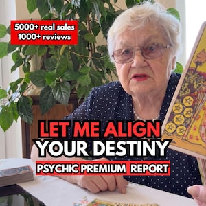 May include: An elderly individual wearing glasses and a dark blue polka dot shirt holds a tarot card featuring a figure with gold coins. Text overlays read 5000+ real sales, 1000+ reviews, LET ME ALIGN YOUR DESTINY, and PSYCHIC PREMIUM REPORT.