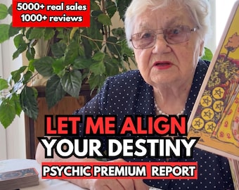 May include: An elderly individual wearing glasses and a dark blue polka dot shirt holds a tarot card featuring a figure with gold coins. Text overlays read 5000+ real sales, 1000+ reviews, LET ME ALIGN YOUR DESTINY, and PSYCHIC PREMIUM REPORT.