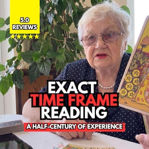 May include: A tarot card reading service featuring a person holding a Nine of Pentacles card. Text overlays include 5.0 REVIEWS, EXACT TIME FRAME READING, and A HALF-CENTURY OF EXPERIENCE. The person wears a black polka dot shirt and glasses.