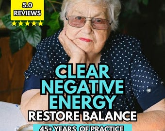 Pode incluir: Uma pessoa idosa com cabelo branco curto e óculos veste uma camisa azul-marinho com bolinhas brancas. O texto diz: 5.0 REVIEWS, CLEAR NEGATIVE ENERGY, RESTORE BALANCE, 45+ YEARS OF PRACTICE. Uma xícara de café e cartas de tarô são visíveis.