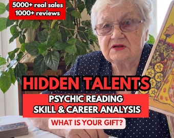 May include: An elderly person with white hair and glasses holds a tarot card. Text overlays read: 5000+ real sales, 1000+ reviews, HIDDEN TALENTS, PSYCHIC READING, SKILL & CAREER ANALYSIS, and WHAT IS YOUR GIFT? A deck of cards sits on a white table.