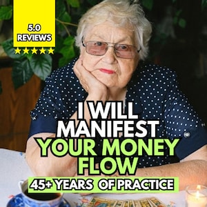 Op de afbeelding: Een ouder persoon met kort wit haar en een bril draagt een marineblauw overhemd met witte stippen. De tekst luidt 5.0 REVIEWS, I WILL MANIFEST YOUR MONEY FLOW en 45+ YEARS OF PRACTICE. Een kop koffie en tarotkaarten zijn zichtbaar.