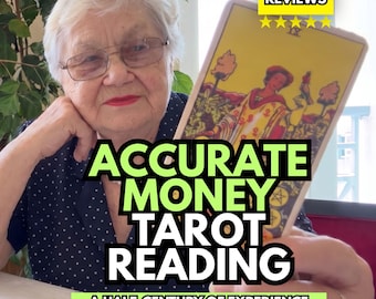 May include: A tarot card featuring the Nine of Pentacles illustration held in front of a person. The text reads ACCURATE MONEY TAROT READING and A HALF-CENTURY OF EXPERIENCE, with a yellow box displaying 5.0 REVIEWS and five yellow stars.