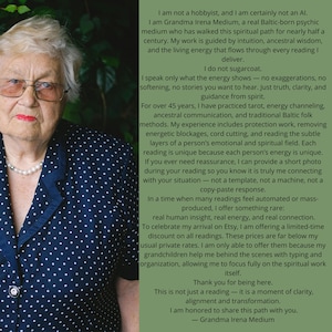 May include: A photograph of an elderly woman wearing glasses and a pearl necklace, with text on the right. The woman has short, light-coloured hair and is wearing a dark blue top with white polka dots. The text describes her spiritual work.