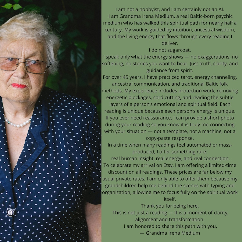 May include: A photograph of an elderly woman wearing glasses and a pearl necklace, with text on the right. The woman has short, light-coloured hair and is wearing a dark blue top with white polka dots. The text describes her spiritual work.