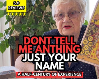 May include: A person wearing a dark blue polka dot shirt holds a tarot card featuring a nine of pentacles illustration. Text on the image reads: 5.0 REVIEWS, DONT TELL ME ANTHING JUST YOUR NAME, and A HALF-CENTURY OF EXPERIENCE. A deck of cards is visible.
