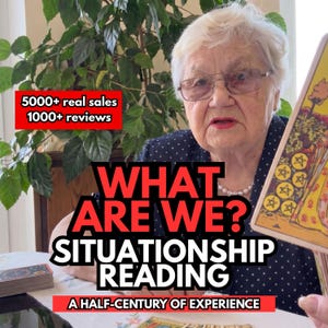 May include: A tarot card reading service featuring a person holding a Nine of Pentacles card. Text overlays include 5000+ real sales, 1000+ reviews, WHAT ARE WE? SITUATIONSHIP READING, and A HALF-CENTURY OF EXPERIENCE. A deck of tarot cards sits on the table.