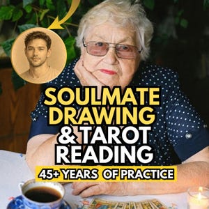 以下が含まれることがあります： メガネをかけた老婦人のプロモーション画像。「Soulmate Drawing & Tarot Reading」と「45+ Years of Practice」のテキスト。男性の小さな肖像画が左上にあります。コーヒーカップとタロットカードが見えます。