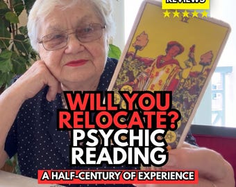 May include: A tarot card featuring a figure in a yellow robe holding a coin, with text overlay reading WILL YOU RELOCATE? PSYCHIC READING A HALF-CENTURY OF EXPERIENCE and a yellow box with 5.0 REVIEWS and five yellow stars at the top right.